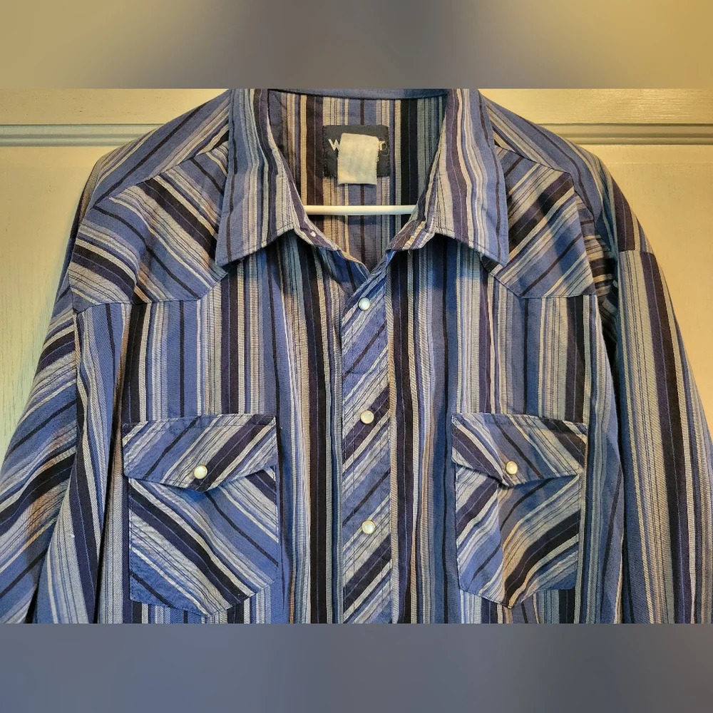 Vintage Wrangler Black & Blue Striped Western Pearl Snap Men's Shirt - Picture 3 of 6